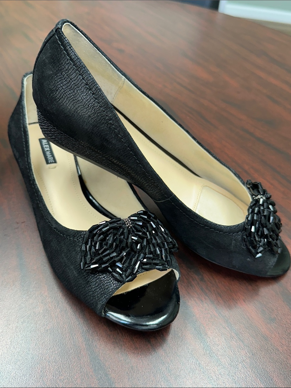 NWOT Alex Marie Black Beaded Peep-Toe Wedge Heels